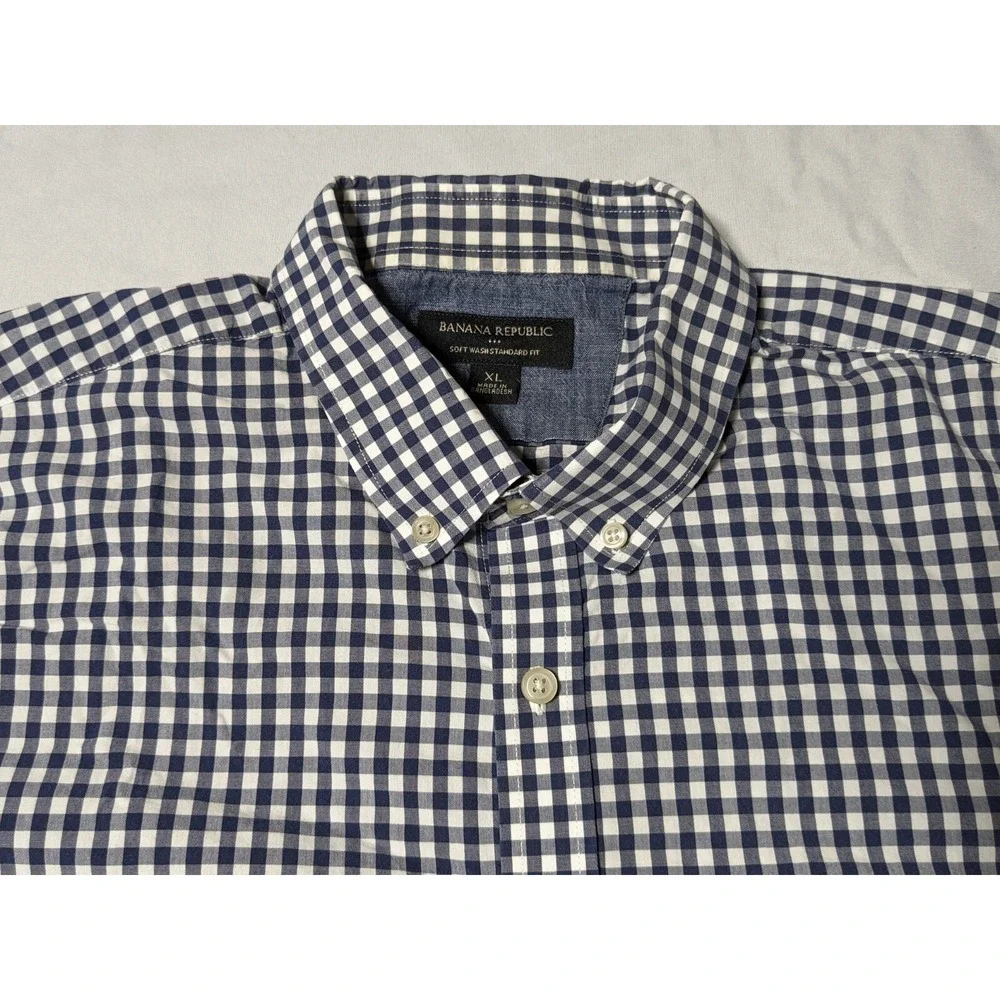BANANA REPUBLIC SOFT WASH STANDARD FIT Men XL Blue Gingham Check Button-Up Shirt